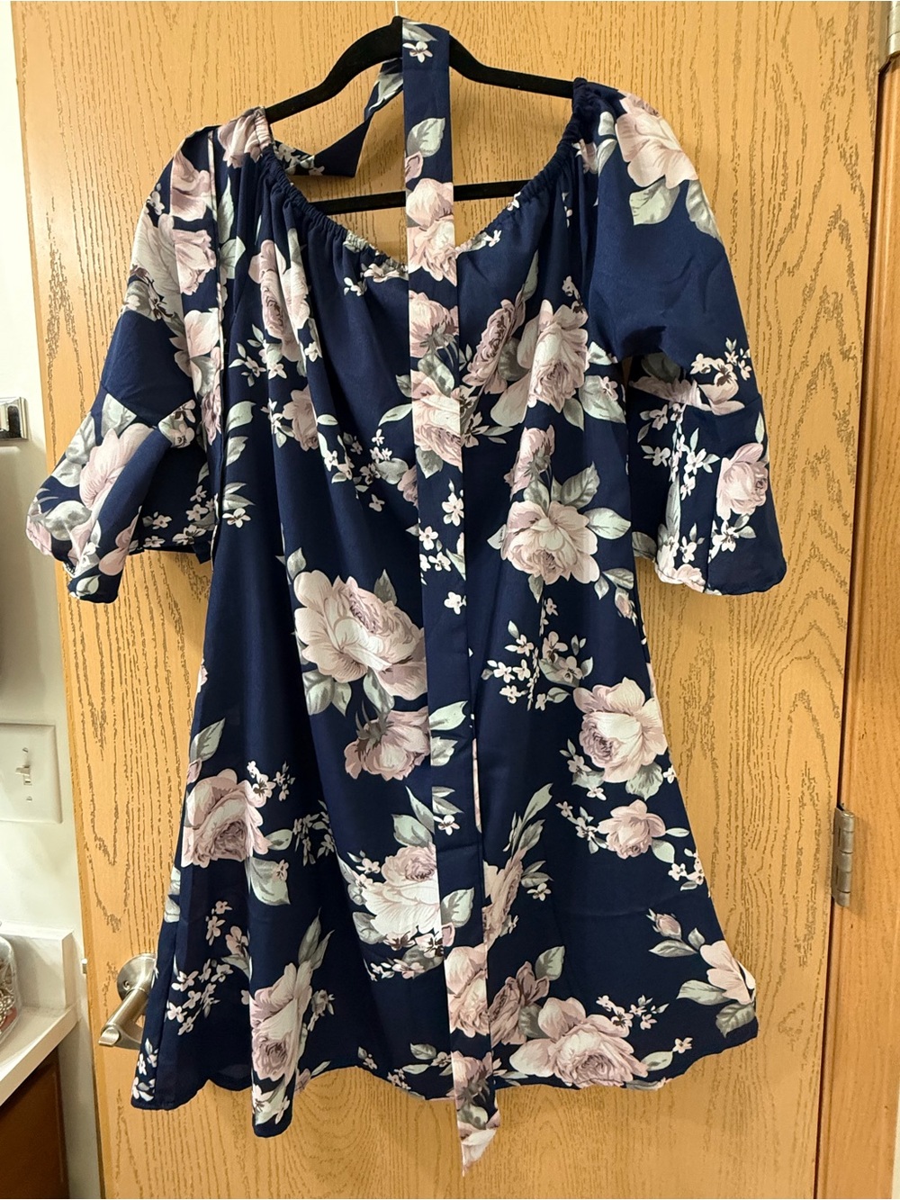 Women’s Navy Blue Floral A Line Bell Sleeve  Dress Belt Size L Large Lightweight